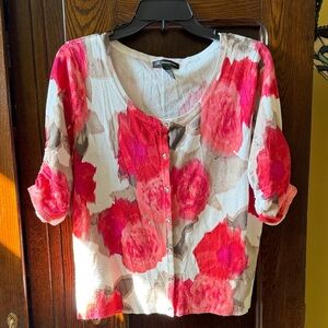 INC White Coral & Pink Watercolor Roses Print SS Cardigan with Crystal Buttons